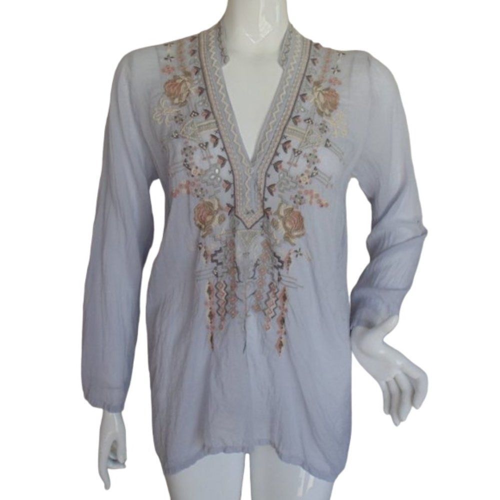 JOHNNY WAS Tunic, M, Taupe/gray, Embroidered, Long/Tab sleeve, Floral & Geo - Picture 3 of 12